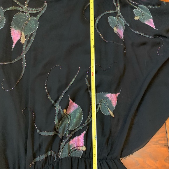 Vintage Oleg Cassini evening silk beaded painted rare dress gown batwing black - Picture 7 of 13